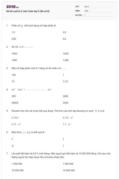Đề thi cuối kì 2 môn Toán lớp 5 (Đề số 8)
