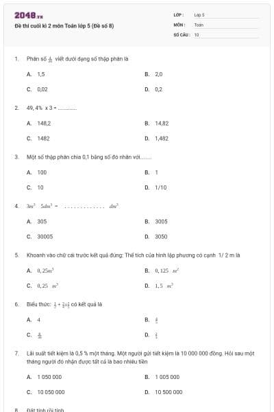 Đề thi cuối kì 2 môn Toán lớp 5 (Đề số 8)