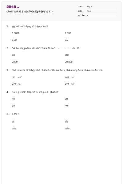 Đề thi cuối kì 2 môn Toán lớp 5 (Đề số 11)