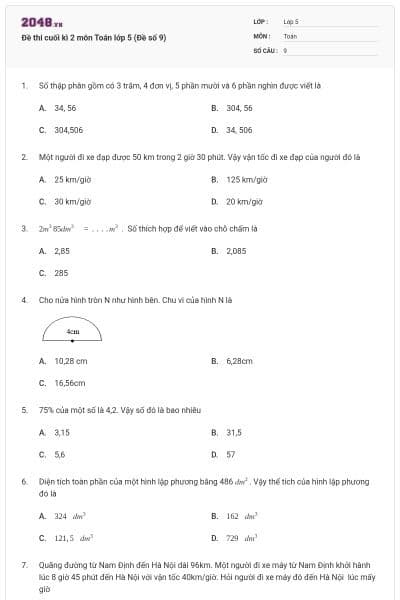 Đề thi cuối kì 2 môn Toán lớp 5 (Đề số 9)