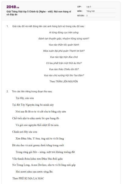 Giải Tiếng Việt lớp 5 Chính tả (Nghe - viết): Núi non hùng vĩ có đáp án