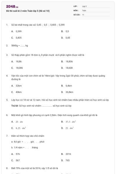 Đề thi cuối kì 2 môn Toán lớp 5 (Đề số 10)