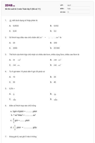 Đề thi cuối kì 2 môn Toán lớp 5 (Đề số 11)