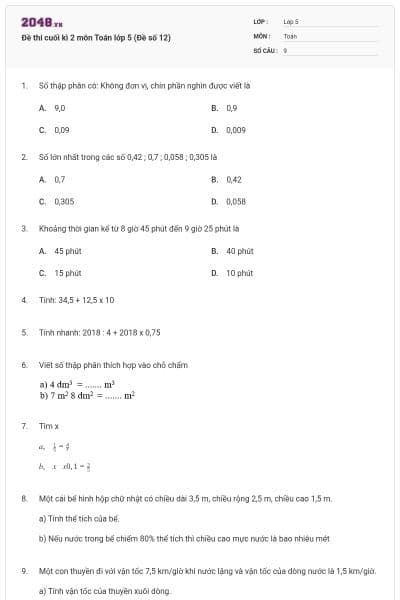 Đề thi cuối kì 2 môn Toán lớp 5 (Đề số 12)