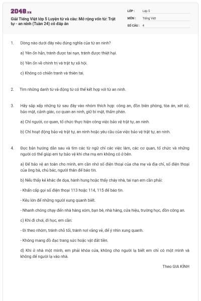 Giải Tiếng Việt lớp 5 Luyện từ và câu: Mở rộng vốn từ: Trật tự - an ninh (Tuần 24) có đáp án
