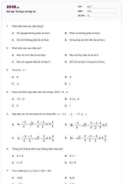 Bài tập: Số thực có đáp án