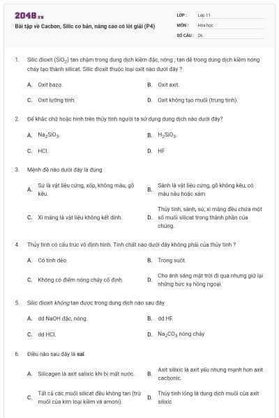 Bài tập về Cacbon, Silic cơ bản, nâng cao có lời giải (P4)