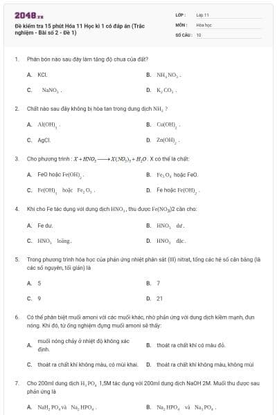 Đề kiểm tra 15 phút Hóa 11 Học kì 1 có đáp án (Trắc nghiệm - Bài số 2 - Đề 1)