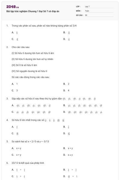 Bài tập trắc nghiệm Chương 1 Đại Số 7 có đáp án