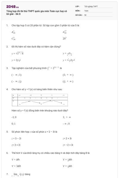 Tổng hợp đề thi thử THPT quốc gia môn Toán cực hay có lời giải - Đề 8