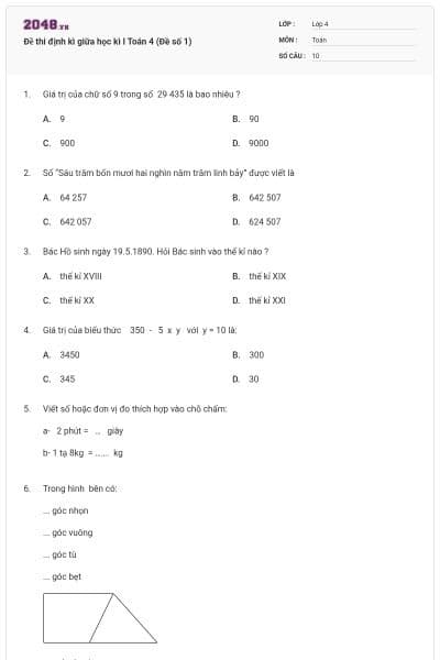Đề thi định kì giữa học kì I Toán 4 (Đề số 1)