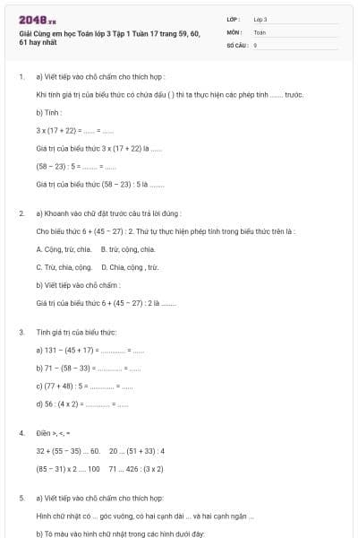 Giải Cùng em học Toán lớp 3 Tập 1 Tuần 17 trang 59, 60, 61 hay nhất
