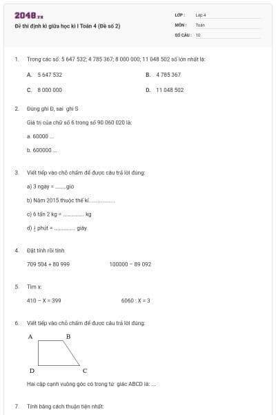 Đề thi định kì giữa học kì I Toán 4 (Đề số 2)