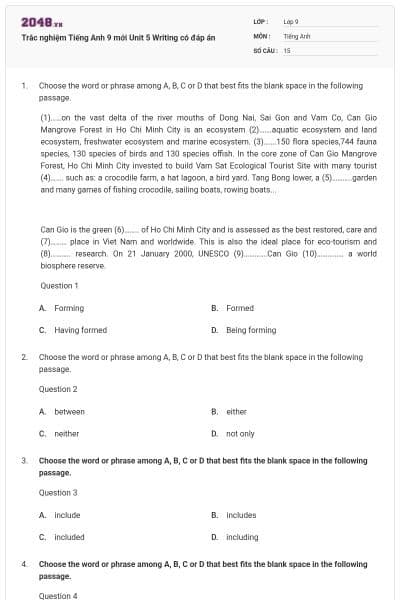 Trắc nghiệm Tiếng Anh 9 mới Unit 5 Writing có đáp án
