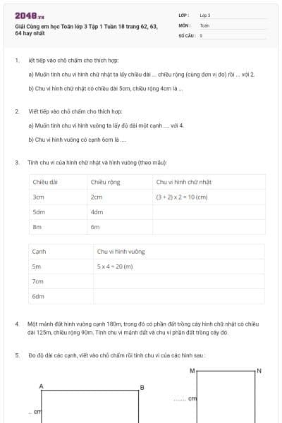 Giải Cùng em học Toán lớp 3 Tập 1 Tuần 18 trang 62, 63, 64 hay nhất