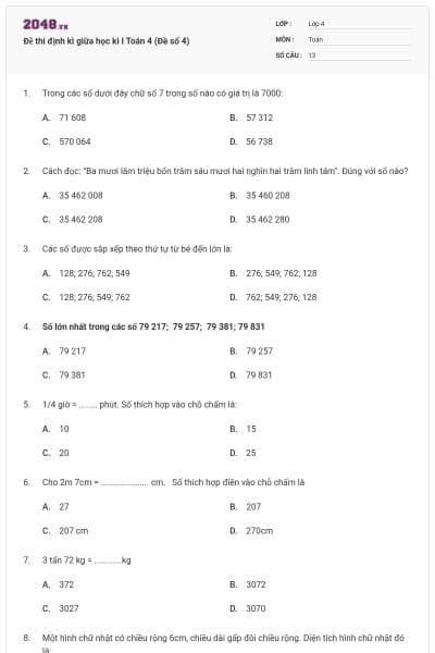 Đề thi định kì giữa học kì I Toán 4 (Đề số 4)