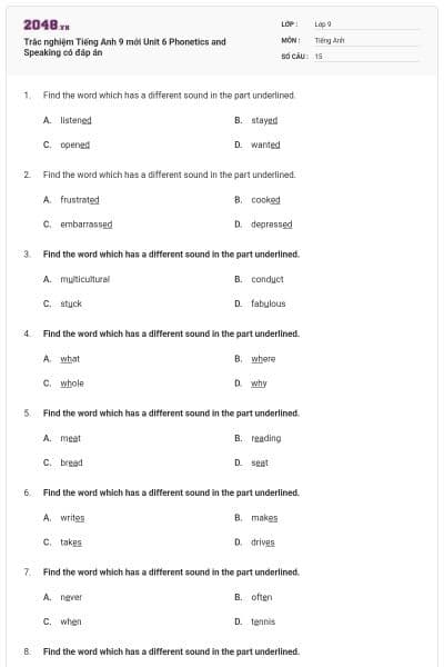 Trắc nghiệm Tiếng Anh 9 mới Unit 6 Phonetics and Speaking có đáp án