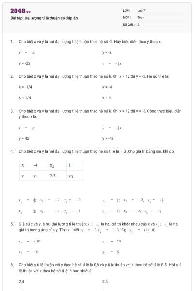 Bài tập: Đại lượng tỉ lệ thuận có đáp án