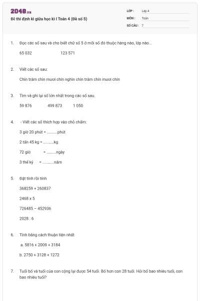 Đề thi định kì giữa học kì I Toán 4 (Đề số 5)