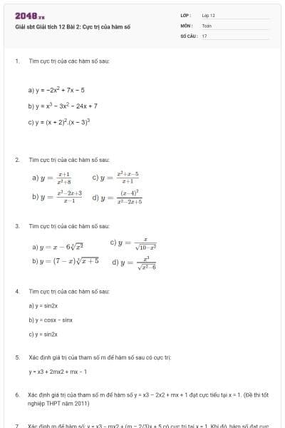 Giải sbt Giải tích 12 Bài 2: Cực trị của hàm số