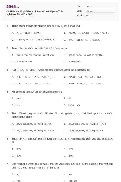 Đề kiểm tra 15 phút Hóa 11 Học kì 1 có đáp án (Trắc nghiệm - Bài số 2 - Đề 2)