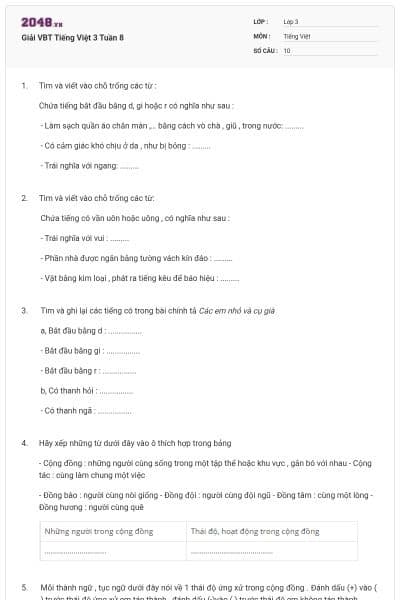 Giải VBT Tiếng Việt 3 Tuần 8