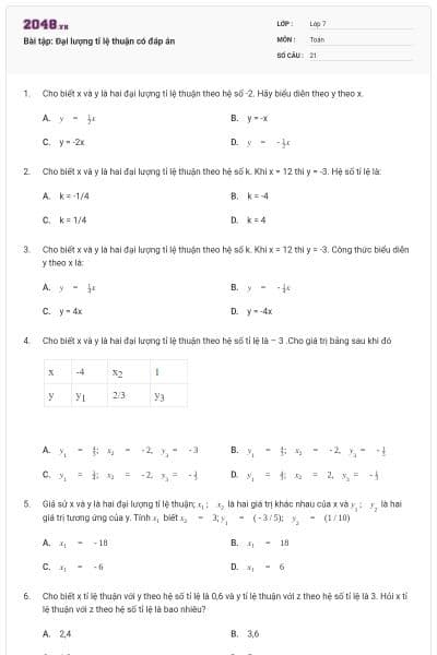 Bài tập: Đại lượng tỉ lệ thuận có đáp án