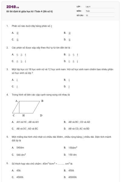 Đề thi định kì giữa học kì I Toán 4 (Đề số 6)