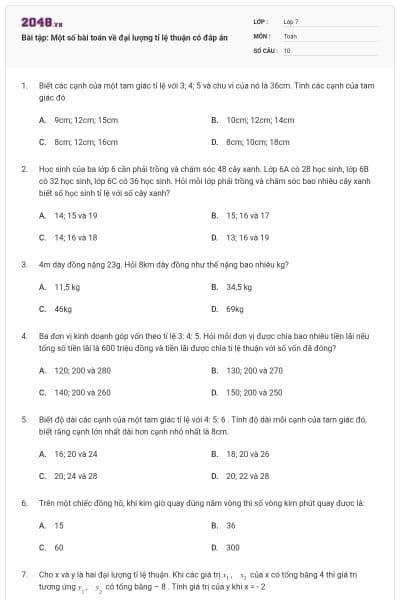Bài tập: Một số bài toán về đại lượng tỉ lệ thuận có đáp án