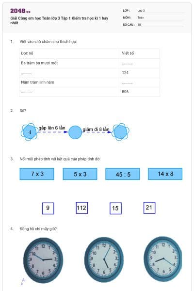 Giải Cùng em học Toán lớp 3 Tập 1 Kiểm tra học kì 1 hay nhất