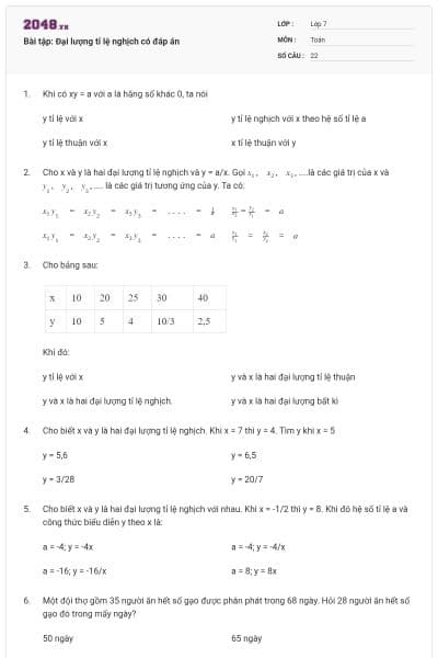 Bài tập: Đại lượng tỉ lệ nghịch có đáp án