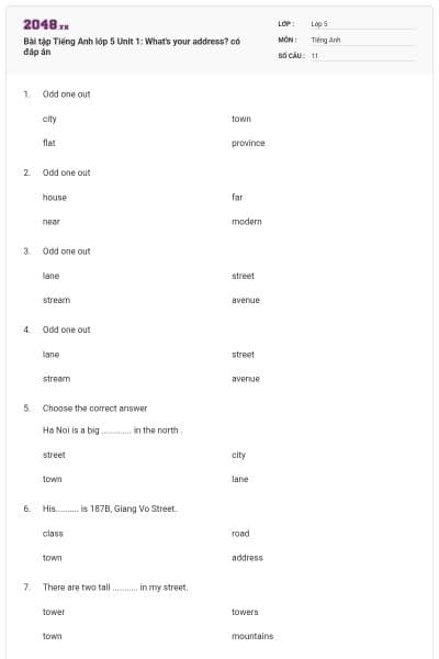 Bài tập Tiếng Anh lớp 5 Unit 1: What's your address? có đáp án