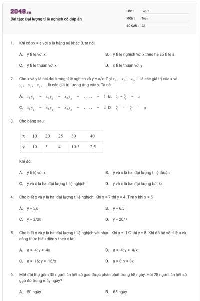 Bài tập: Đại lượng tỉ lệ nghịch có đáp án