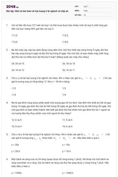 Bài tập: Một số bài toán về đại lượng tỉ lệ nghịch có đáp án