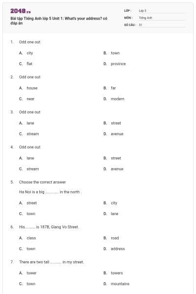 Bài tập Tiếng Anh lớp 5 Unit 1: What's your address? có đáp án