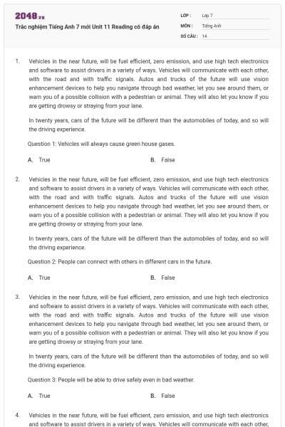 Trắc nghiệm Tiếng Anh 7 mới Unit 11 Reading có đáp án