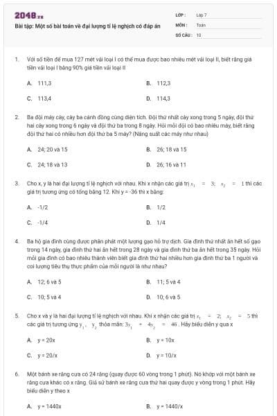 Bài tập: Một số bài toán về đại lượng tỉ lệ nghịch có đáp án