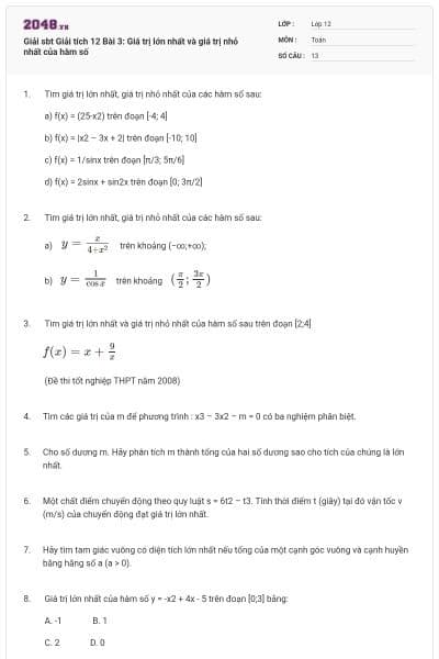 Giải sbt Giải tích 12 Bài 3: Giá trị lớn nhất và giá trị nhỏ nhất của hàm số
