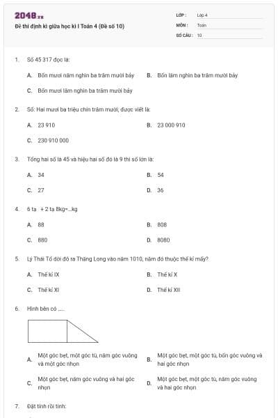 Đề thi định kì giữa học kì I Toán 4 (Đề số 10)