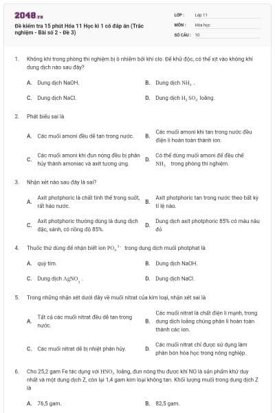 Đề kiểm tra 15 phút Hóa 11 Học kì 1 có đáp án (Trắc nghiệm - Bài số 2 - Đề 3)
