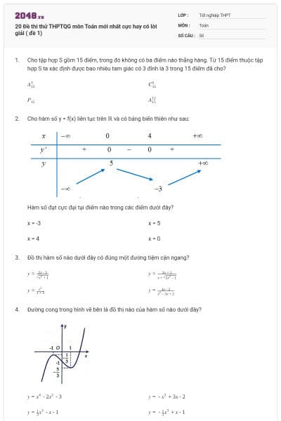 20 Đề thi thử THPTQG môn Toán mới nhất cực hay có lời giải ( đề 1)