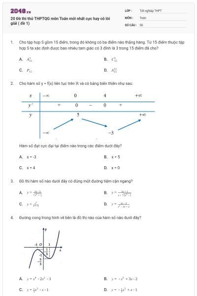 20 Đề thi thử THPTQG môn Toán mới nhất cực hay có lời giải ( đề 1)