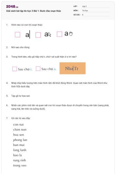 Giải sách bài tập tin học 3 Bài 1: Bước đầu soạn thảo