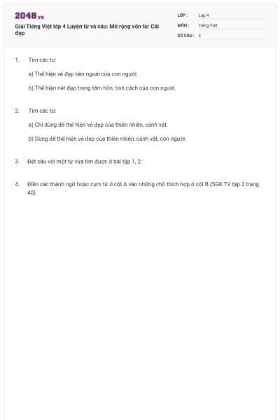 Giải Tiếng Việt lớp 4 Luyện từ và câu: Mở rộng vốn từ: Cái đẹp