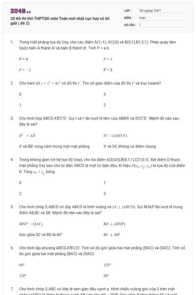 20 Đề thi thử THPTQG môn Toán mới nhất cực hay có lời giải ( đề 2)