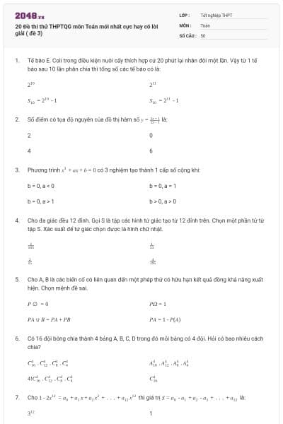 20 Đề thi thử THPTQG môn Toán mới nhất cực hay có lời giải ( đề 3)
