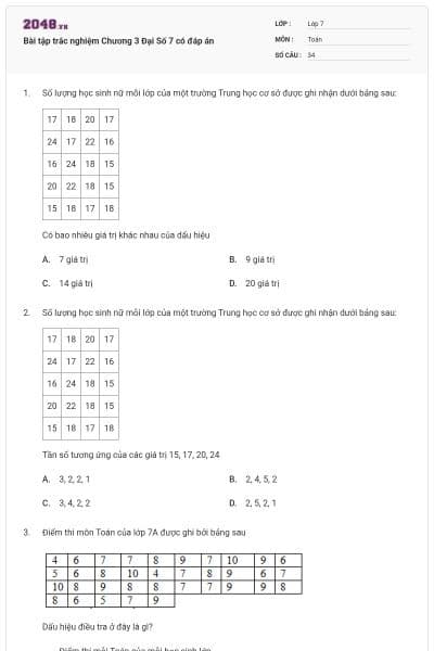 Bài tập trắc nghiệm Chương 3 Đại Số 7 có đáp án