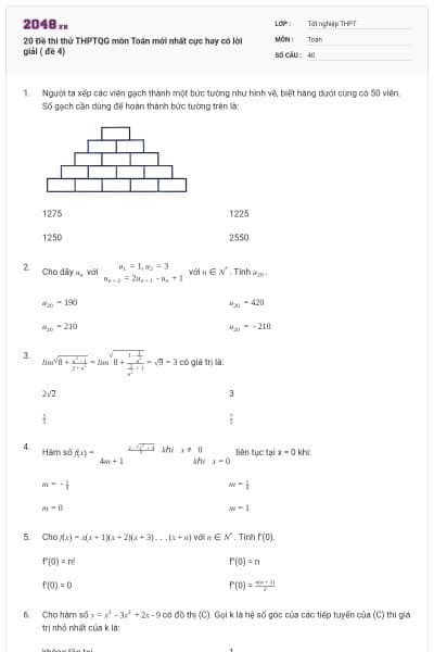 20 Đề thi thử THPTQG môn Toán mới nhất cực hay có lời giải ( đề 4)