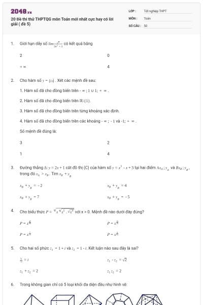 20 Đề thi thử THPTQG môn Toán mới nhất cực hay có lời giải ( đề 5)
