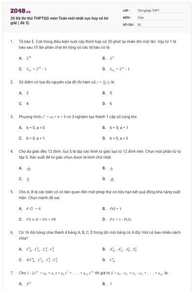 20 Đề thi thử THPTQG môn Toán mới nhất cực hay có lời giải ( đề 3)